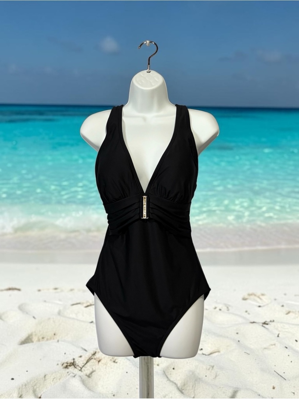 Calvin Klein, Black One-Piece Swimsuit, Size 10, Plunge V-Neck Cross Back Ruched